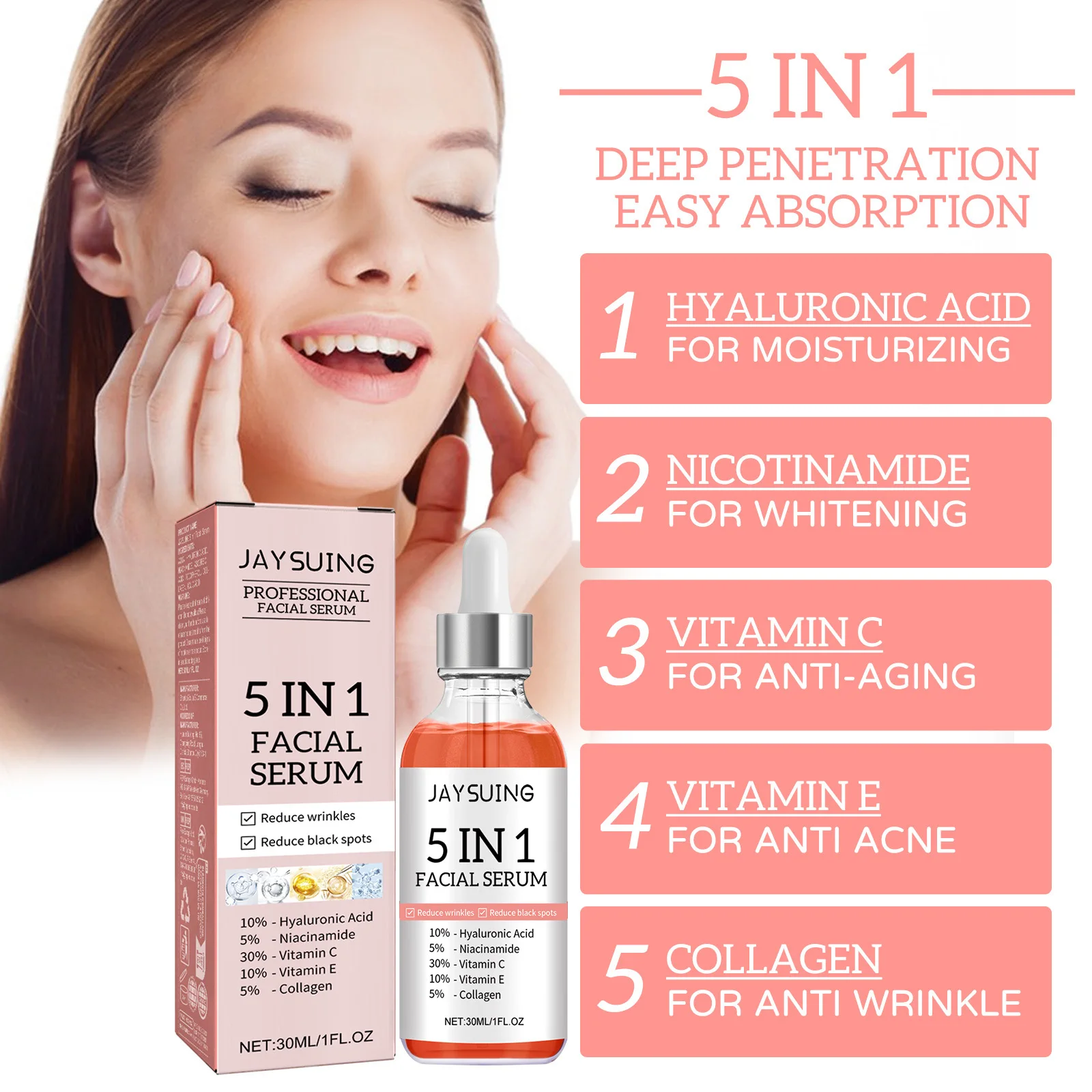 5 In 1 Facial Serum Fade Fine Lines Firming Skin Shrink Pores Moisturizing Brightning Vitamin C Hyaluronic Acid Face Serum - Image 3