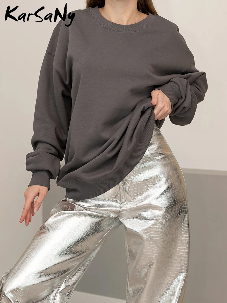 Casual Loose Women's Hoodie Autumn Cotton Solid Round Neck Sweatshirts For Women Oversized Long Sleeve Basic Pullover Outerwears - Image 2